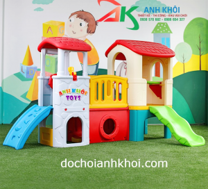 Cầu trượt 2 khối trắng máng xanh lá  CT009